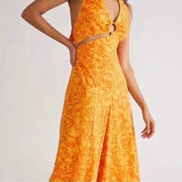 New Free People Kira Jumpsuit Yellow/orange 
 Wide Leg Retro size S NWOT - Picture 4 of 8